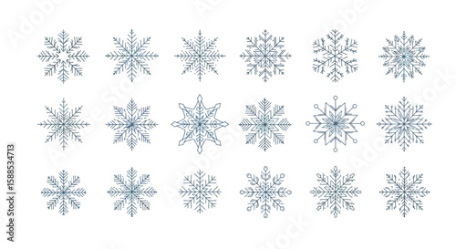 Collection of twenty delicate snowflake designs, each with unique and intricate geometric patterns, displayed against a clean white background.