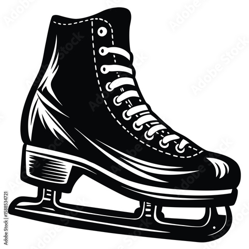 Black ice skate with white laces black and white silhouette