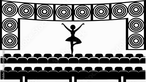 Silhouette of a ballerina performing on a stage with an audience and circular stage decorations of circles