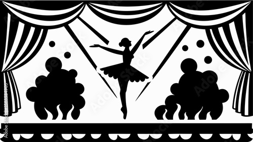 Silhouette of a ballerina dancing on stage with curtains and lights in black and white design style