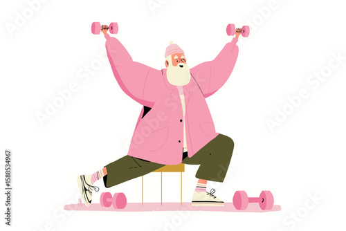 Active senior man exercising with dumbbells in bright workout attire  