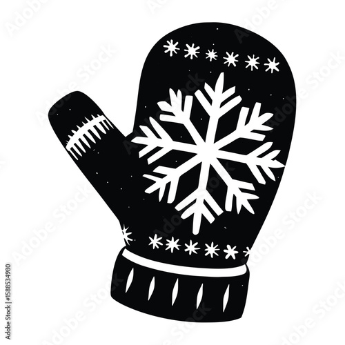 Black mitten with snowflake design winter black and white