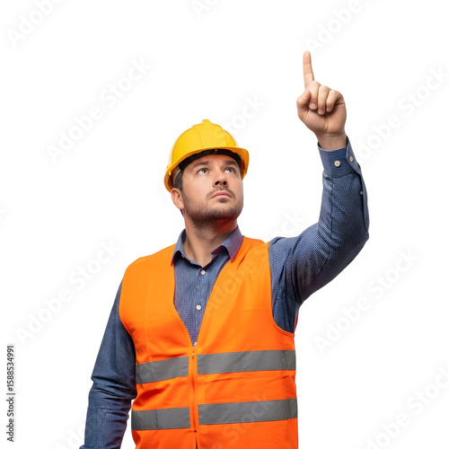 Construction worker points upward wearing a hard hat and safety vest, transparent background