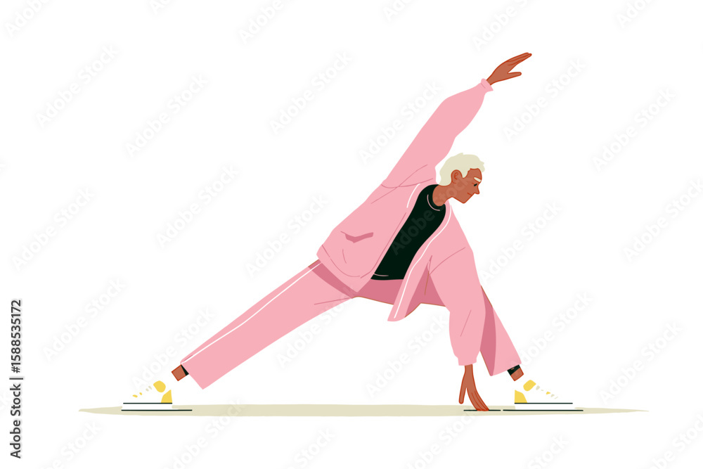 Fototapeta premium Active senior stretching in pink athletic outfit on a neutral background 