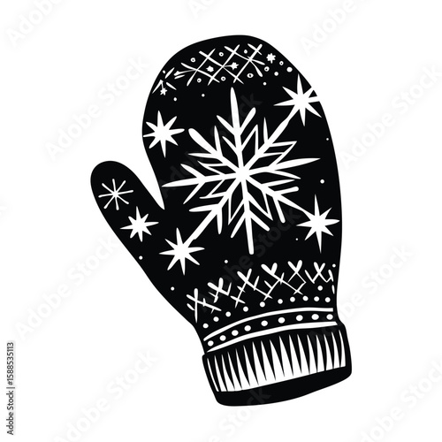 Black mitten with white snowflake winter black and white