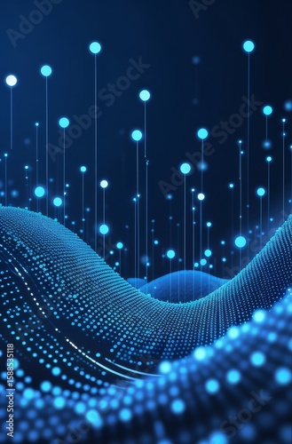 Abstract blue digital wave with glowing points represents data stream