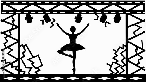 Silhouette of a ballerina performing on stage under spotlights with geometric stage decorations around her