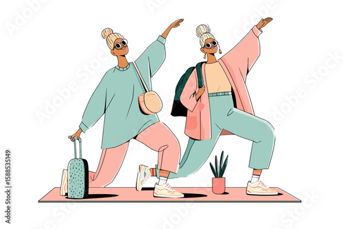 Two active senior women dancing together at wellness retreat illustration  
