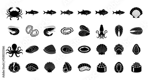 Collection of monochrome seafood icons: crab, fish, shrimp, oysters, clams, scallops, squid, sushi.