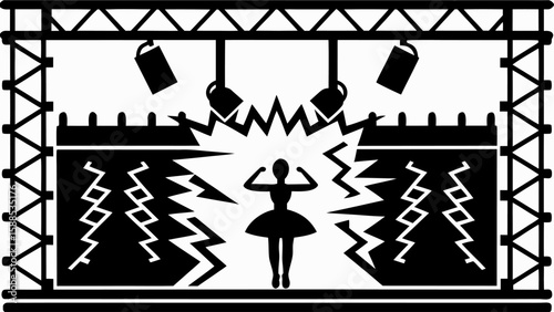 Silhouette of a ballerina on stage with spotlights and geometric decorations in black and white style