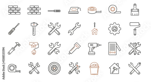 Collection of line art icons depicting various tools and construction elements, arranged in rows.