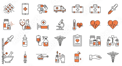 Collection of illustrated medical icons representing healthcare, medicine, and emergency services, featuring diverse medical equipment.