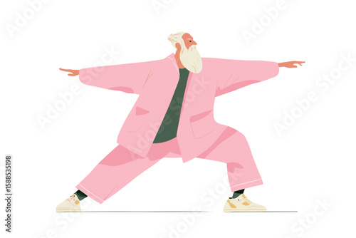 Senior man practicing yoga in pink attire at wellness retreat  