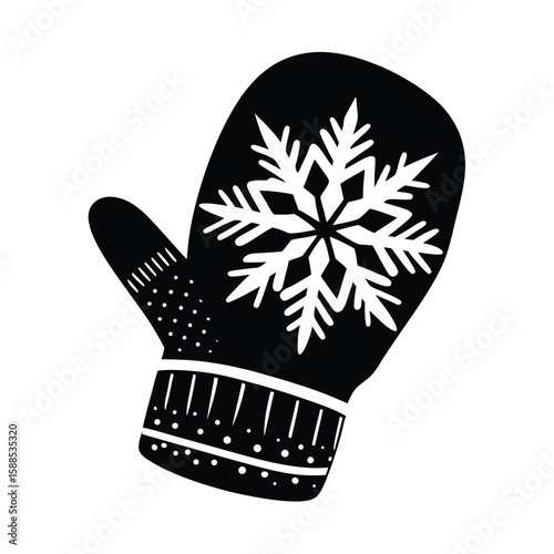 Black mitten with white snowflake winter