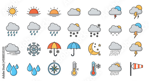 A collection of colorful weather icons illustrating various conditions and atmospheric phenomena.