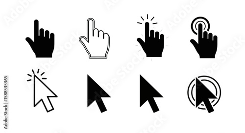 Collection of various hand and arrow cursors, indicating actions like clicking and selecting on digital interfaces.
