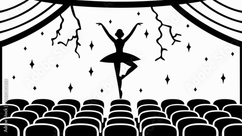 Silhouette of a ballerina performing on stage with a curtain and audience seats in black and white style