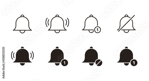 A collection of various bell icons, depicting different notification states and styles, in black and white.