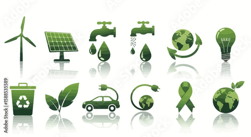 A collection of green eco-friendly icons representing renewable energy, water conservation, recycling, electric vehicles, and environmental awareness.