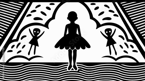 Silhouette of a ballerina with two smaller figures in a black and white abstract composition style