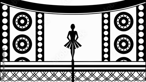 Silhouette of a ballerina on stage with speakers and curtain in black and white simple vector design