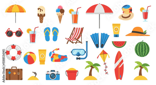A collection of summer themed icons including beach umbrellas, ice cream, sunglasses, drinks, flip-flops, beach chair, snorkel gear, and other vacation essentials.