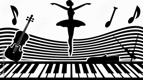 Silhouette of ballerina with violin and music notes over piano keys and musical staff design element