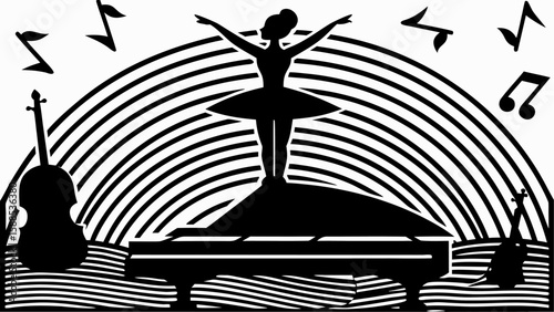 Silhouette of ballerina on piano with musical instruments and notes against striped background design art