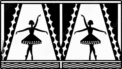 Two ballerinas in silhouette on stage with curtains and wavy lines in a monochromatic illustration