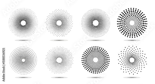 Collection of eight circular halftone patterns with varying dot densities and arrangements, creating a radial effect on a white background.