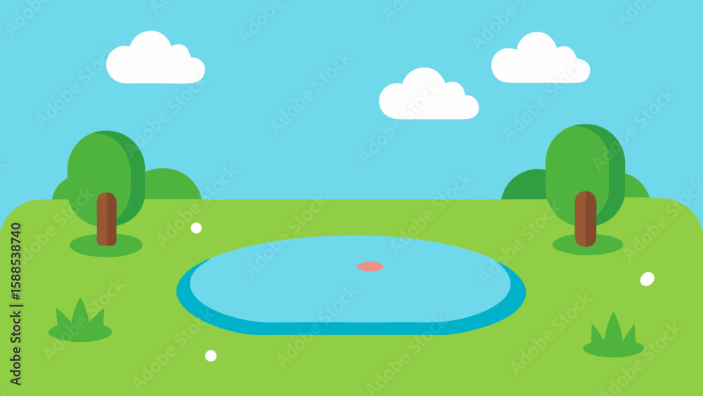 Obraz premium Field next to a small cartoon pond vector illustration