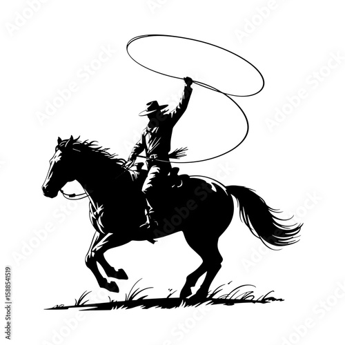 Classic Cowboy on Rearing Horse with Lasso Western Full Vector