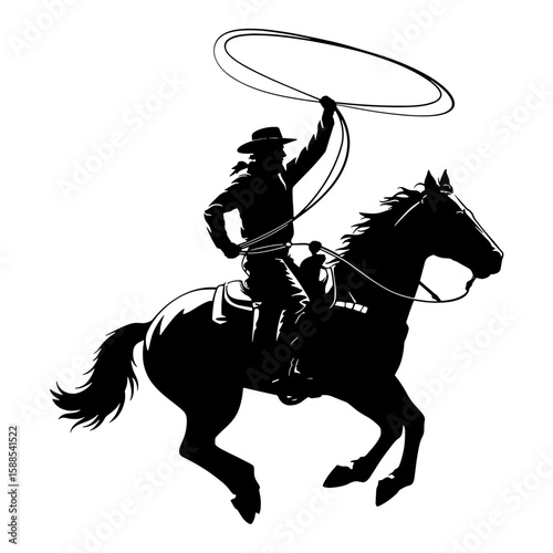 Classic Cowboy on Rearing Horse with Lasso Western Full Vector