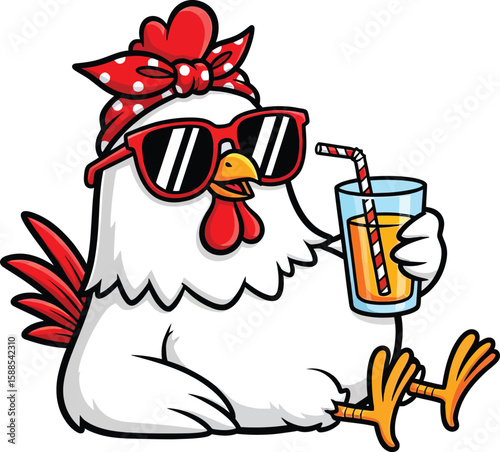Cool chicken wearing sunglasses and bandana drinking juice