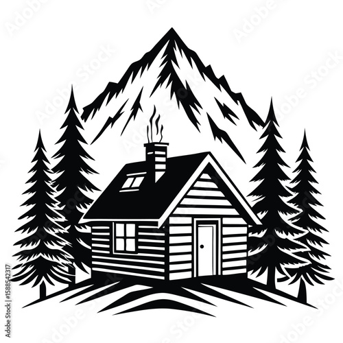 Mountain Cabin Pines Silhouette pine trees smoke