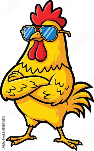 A cool cartoon rooster wearing sunglasses with arms crossed