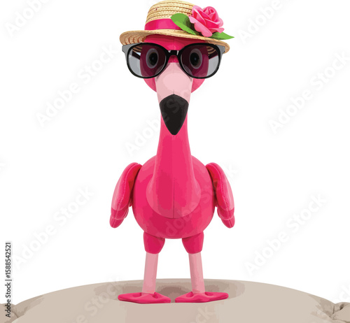 A cute pink flamingo plush toy wearing a hat and sunglasses