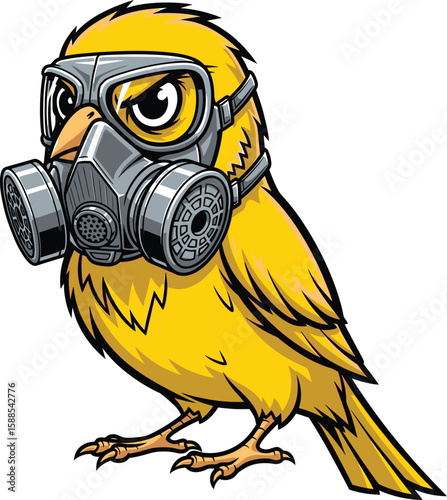 Yellow bird wearing a gas mask and goggles looks serious