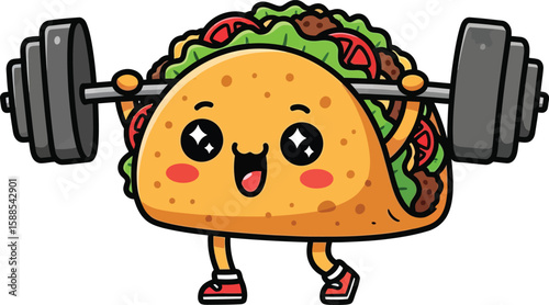 A happy cartoon taco lifting a barbell with enthusiasm