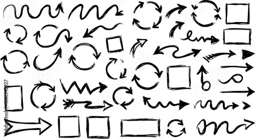 Hand-drawn alphabet vector set with sketch line symbols, arrows, and doodle seamless patterns for unique font design illustrations