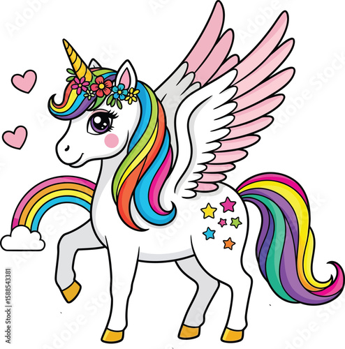 A magical unicorn with rainbow mane and wings and a flower crown