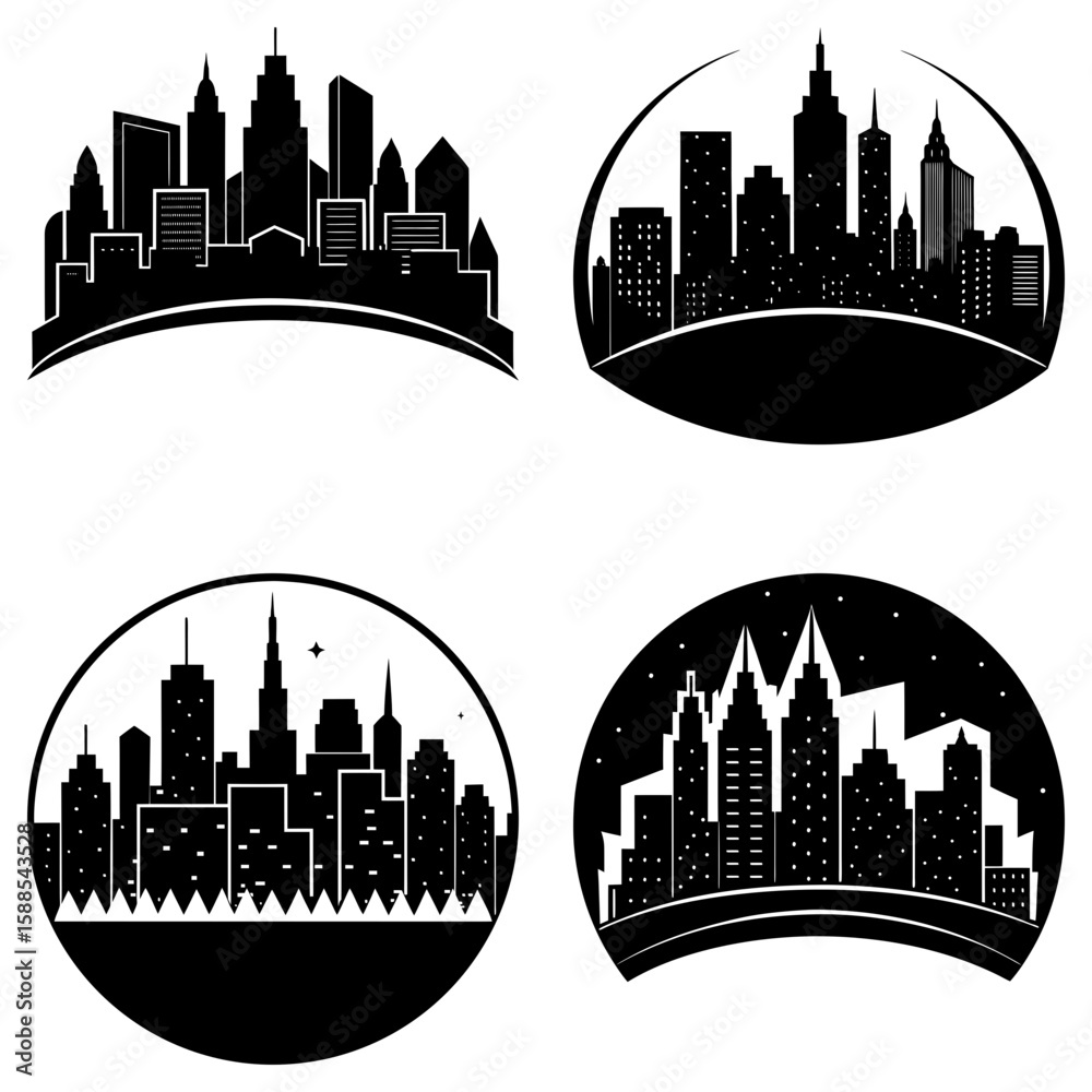 Fototapeta premium Illustration of four different black and white city skyline designs in various circular and arched shapes