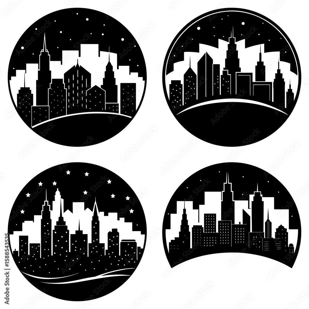 Fototapeta premium Four skyline silhouettes in circles and semi circles with star details and black and white color scheme