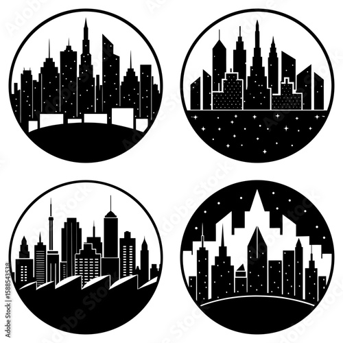 Four circular cityscapes showcasing different architectural styles and night and day time depictions of urban life