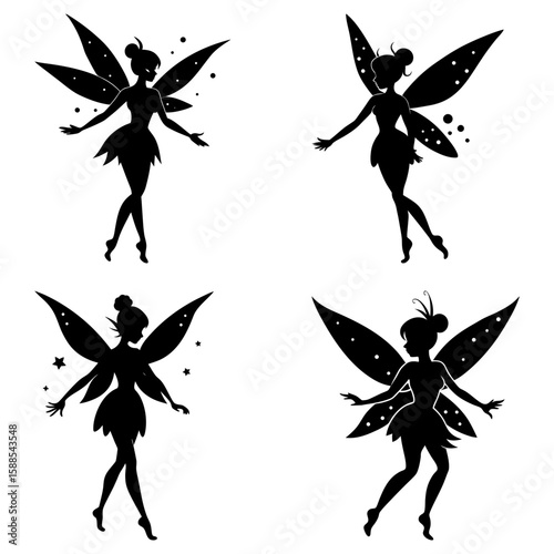 Four fairy silhouettes with wings and hair buns in a whimsical arrangement on a white background