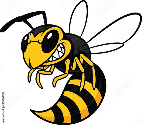 Angry wasp with yellow and black stripes flying