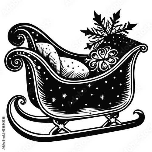 Ornate sleigh filled with gifts and snowflakes black and white