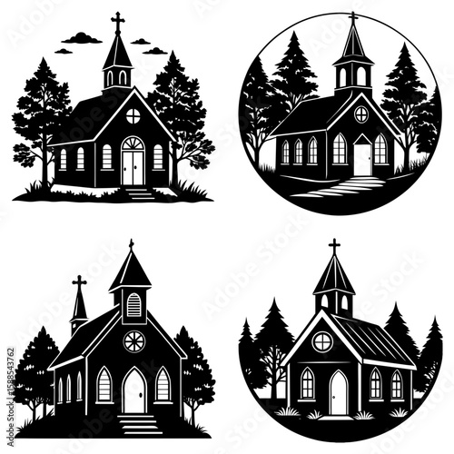 Four church illustrations with crosses and trees in a black and white vector religious design set up nicely