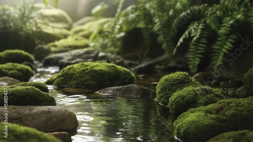 outdoor mockup copy space for environmentally friendly products in the forest. the pedestal made of stone and moss is real green. suitable for natural cosmetics or food or water
