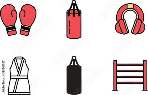 Boxing Equipment Icons – Gloves, Punching Bag, Ladder, Bottle"